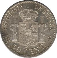 Spain coin 50 Centimos - Alfonso XIII - 4'th Portrait (1904) reverse reverse of 50 Centimos - Alfonso XIII - 4'th Portrait (1904) coin with KM# 723 from Spain. Inscription: REY CONSTL. DE ESPAÑA S · M · 50 CENT. · V ·