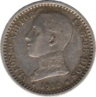 obverse of 50 Centimos - Alfonso XIII - 5'th Portrait (1910) coin with KM# 730 from Spain. Inscription: ALFONSO XIII POR LA G. DE DIOS 1910