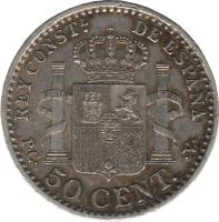 reverse of 50 Centimos - Alfonso XIII - 5'th Portrait (1910) coin with KM# 730 from Spain. Inscription: REY CONSTL DE ESPAÑA P.C. 50 CENT. .V.