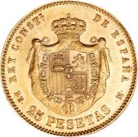 reverse of 25 Pesetas - Alfonso XII - 2'nd Portrait (1876 - 1880) coin with KM# 673 from Spain. Inscription: REY CONSTL. DE ESPAÑA D · E · 25 PESETAS · M ·