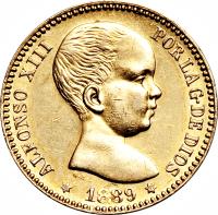 obverse of 20 Pesetas - Alfonso XIII (1887 - 1890) coin with KM# 693 from Spain. Inscription: ALFONSO XIII POR LA G. DE DIOS G.S. 1889