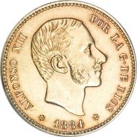 obverse of 25 Pesetas - Alfonso XII - 3'rd Portrait (1881 - 1885) coin with KM# 687 from Spain. Inscription: ALFONSO XII POR LA G · DE DIOS * 1884 *