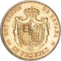 Spain coin 25 Pesetas - Alfonso XII - 3'rd Portrait (1881 - 1885) reverse reverse of 25 Pesetas - Alfonso XII - 3'rd Portrait (1881 - 1885) coin with KM# 687 from Spain. Inscription: REY CONSTL. DE ESPAÑA M · S · 25 PESETAS · M ·
