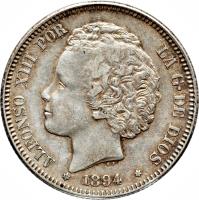 Spain coin 2 Pesetas - Alfonso XIII (1894) obverse obverse of 2 Pesetas - Alfonso XIII (1894) coin with KM# 704 from Spain. Inscription: ALFONSO XIII POR LA G-DE DIOS
