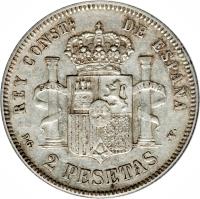 reverse of 2 Pesetas - Alfonso XIII (1894) coin with KM# 704 from Spain. Inscription: REY CONSTL DE ESPAÑA PG. 2 PESETAS .V.