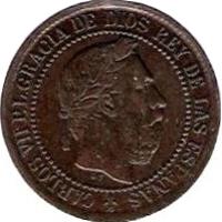 obverse of 5 Centimos - Carlos VII (1875) coin with KM# 669 from Spain. Inscription: CARLOS VII P. L. GRACIA DE DIOS REY DE LAS ESPAÑAS