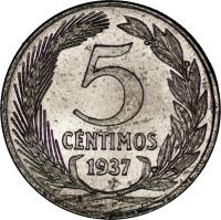 Spain coin 5 Centimos - 2'nd Republic (1937) reverse reverse of 5 Centimos - 2'nd Republic (1937) coin with KM# 752 from Spain. Inscription: 5 CENTIMOS 1937