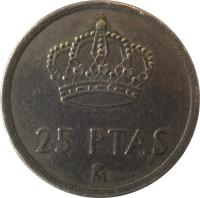 Spain coin 25 Pesetas - Juan Carlos I - With mintmark (1982 - 1984) reverse reverse of 25 Pesetas - Juan Carlos I - With mintmark (1982 - 1984) coin with KM# 824 from Spain. Inscription: 25 PTAS M