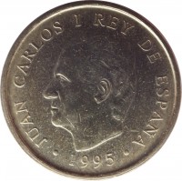 obverse of 100 Pesetas - Juan Carlos I - FAO (1995) coin with KM# 950 from Spain. Inscription: JUAN CARLOS I REY DE ESPAÑA · 1995 ·