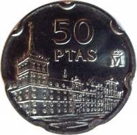reverse of 50 Pesetas - Juan Carlos I - Juan de Herrera (1997) coin with KM# 985 from Spain. Inscription: 50 PTAS M