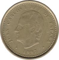 obverse of 100 Pesetas - Juan Carlos I - Teatro Real (1997) coin with KM# 984 from Spain. Inscription: JUAN CARLOS I REY DE ESPAÑA · 1997 ·