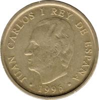 obverse of 100 Pesetas - Juan Carlos I - National Library (1996) coin with KM# 964 from Spain. Inscription: JUAN CARLOS I REY DE ESPAÑA · 1996 ·