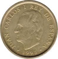 Spain coin 100 Pesetas - Juan Carlos I - National Library (1996) obverse obverse of 100 Pesetas - Juan Carlos I - National Library (1996) coin with KM# 964 from Spain. Inscription: JUAN CARLOS I REY DE ESPAÑA · 1996 ·