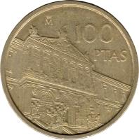 Spain coin 100 Pesetas - Juan Carlos I - National Library (1996) reverse reverse of 100 Pesetas - Juan Carlos I - National Library (1996) coin with KM# 964 from Spain. Inscription: M 100 PTAS