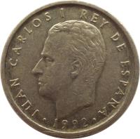 Spain coin 100 Pesetas - Juan Carlos I - Denomination 100 (1992) obverse obverse of 100 Pesetas - Juan Carlos I - Denomination 100 (1992) coin with KM# 908 from Spain. Inscription: JUAN CARLOS I REY DE ESPAÑA · 1992 ·