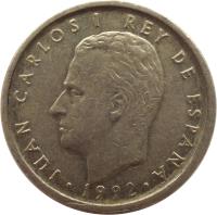 obverse of 100 Pesetas - Juan Carlos I - Denomination 100 (1992) coin with KM# 908 from Spain. Inscription: JUAN CARLOS I REY DE ESPAÑA · 1992 ·