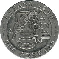 Spain coin 200 Pesetas - Juan Carlos I - Juan Luis Vives (1993) reverse reverse of 200 Pesetas - Juan Carlos I - Juan Luis Vives (1993) coin with KM# 923 from Spain. Inscription: SAPIENTIA ESPAÑA 1993 200 PESETAS M