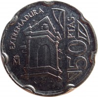 reverse of 50 Pesetas - Juan Carlos I - Extremadura (1993) coin with KM# 921 from Spain. Inscription: EXTREMADURA 50PTAS
