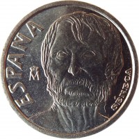 obverse of 10 Pesetas - Juan Carlos I - Seneca (1997) coin with KM# 982 from Spain. Inscription: ESPAÑA M SENECA