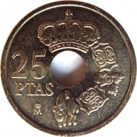 reverse of 25 Pesetas - Juan Carlos I (2000 - 2001) coin with KM# 1013 from Spain. Inscription: 25 PTAS M