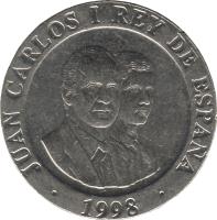 obverse of 200 Pesetas - Juan Carlos I (1998 - 2000) coin with KM# 992 from Spain. Inscription: JUAN CARLOS 1 REY DE ESPANA 1998