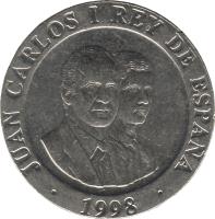 Spain coin 200 Pesetas - Juan Carlos I (1998 - 2000) obverse obverse of 200 Pesetas - Juan Carlos I (1998 - 2000) coin with KM# 992 from Spain. Inscription: JUAN CARLOS 1 REY DE ESPANA 1998