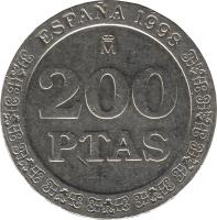 Spain coin 200 Pesetas - Juan Carlos I (1998 - 2000) reverse reverse of 200 Pesetas - Juan Carlos I (1998 - 2000) coin with KM# 992 from Spain. Inscription: ESPANA 1998 200 PTAS
