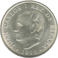 obverse of 2000 Pesetas - Juan Carlos I - Presidency of the Council of the European Union (1995) coin with KM# 954 from Spain. Inscription: JUAN CARLOS I REY DE ESPAÑA · 1995 ·