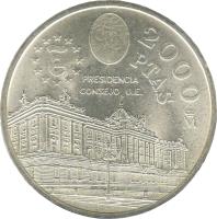 reverse of 2000 Pesetas - Juan Carlos I - Presidency of the Council of the European Union (1995) coin with KM# 954 from Spain. Inscription: 2000 PTAS PRESIDENCIA CONSEJO U.E.