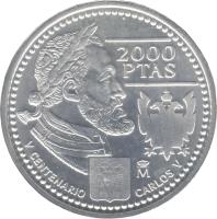Spain coin 2000 Pesetas - Juan Carlos I - Charles V (2000) reverse reverse of 2000 Pesetas - Juan Carlos I - Charles V (2000) coin with KM# 1015 from Spain.