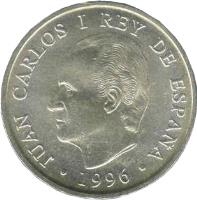 obverse of 2000 Pesetas - Juan Carlos I - Francisco de Goya (1996) coin with KM# 968 from Spain. Inscription: JUAN CARLOS I REY DE ESPAÑA · 1996 ·