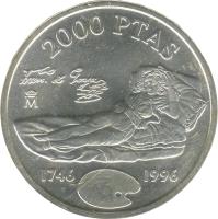 reverse of 2000 Pesetas - Juan Carlos I - Francisco de Goya (1996) coin with KM# 968 from Spain. Inscription: 2000 PTAS fran & goya 1746 1996