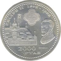 reverse of 2000 Pesetas - Juan Carlos I - 400th Anniversary of Philip II (1998) coin with KM# 987 from Spain. Inscription: FELIPE II 1598 - 1998 2000 PTAS