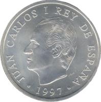 obverse of 2000 Pesetas - Juan Carlos I - Don Quixote (1997) coin with KM# 999 from Spain. Inscription: JUAN CARLOS I REY DE ESPAÑA · 1997 ·