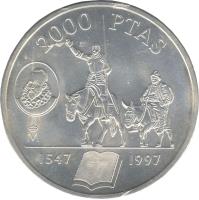 reverse of 2000 Pesetas - Juan Carlos I - Don Quixote (1997) coin with KM# 999 from Spain. Inscription: 2000 PTAS 1547 1997