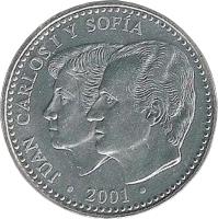 Spain coin 2000 Pesetas - Juan Carlos I - Peseta (2001) obverse obverse of 2000 Pesetas - Juan Carlos I - Peseta (2001) coin with KM# 1017 from Spain. Inscription: JUAN CARLOS I Y SOFIA · 2001 ·