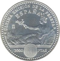 reverse of 2000 Pesetas - Juan Carlos I - Peseta (2001) coin with KM# 1017 from Spain. Inscription: ULTIMA EMISION DE LA PESETA 2000 PTAS