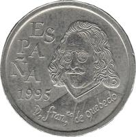obverse of 10 Pesetas - Juan Carlos I - Francisco de Quevedo (1995) coin with KM# 947 from Spain. Inscription: ESPAÑA 1995 D, franco, de quebedo