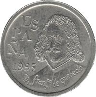 Spain coin 10 Pesetas - Juan Carlos I - Francisco de Quevedo (1995) obverse obverse of 10 Pesetas - Juan Carlos I - Francisco de Quevedo (1995) coin with KM# 947 from Spain. Inscription: ESPAÑA 1995 D, franco, de quebedo