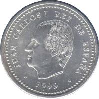 Spain coin 2000 Pesetas - Juan Carlos I - Holy Year of St. James 1999 (1999) obverse obverse of 2000 Pesetas - Juan Carlos I - Holy Year of St. James 1999 (1999) coin with KM# 1011 from Spain. Inscription: JUAN CARLOS I REY DE ESPAÑA · 1999 ·
