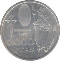 Spain coin 2000 Pesetas - Juan Carlos I - Holy Year of St. James 1999 (1999) reverse reverse of 2000 Pesetas - Juan Carlos I - Holy Year of St. James 1999 (1999) coin with KM# 1011 from Spain. Inscription: XACOBEO 1999 2000 PTAS