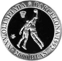 Spain coin 2000 Pesetas - Juan Carlos I - Barcelona Olympics Basketball (1990) reverse reverse of 2000 Pesetas - Juan Carlos I - Barcelona Olympics Basketball (1990) coin with KM# 866 from Spain.