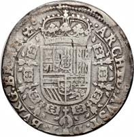 Spanish Netherlands coin 1 Patagon - Felipe IV (1621 - 1665) reverse reverse of 1 Patagon - Felipe IV (1621 - 1665) coin with KM# 53 from Spanish Netherlands. Inscription: · ARCHID · AVST · DVX · BVRG · BRAB · Zᶜ.