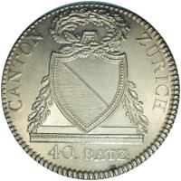 Swiss cantons coin 40 Batzen (1813) obverse obverse of 40 Batzen (1813) coin with KM# 191 from Swiss cantons. Inscription: CANTON ZÜRICH 40.BATZ