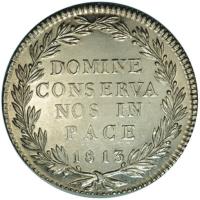 Swiss cantons coin 40 Batzen (1813) reverse reverse of 40 Batzen (1813) coin with KM# 191 from Swiss cantons. Inscription: DOMINE CONSERVA NOS IN PACE 1813 B