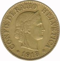 obverse of 10 Rappen (1918 - 1919) coin with KM# 27a from Switzerland. Inscription: CONFOEDERATIO HELVETICA 1919