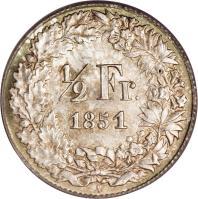 reverse of 1/2 Franc (1850 - 1851) coin with KM# 8 from Switzerland. Inscription: 1/2 Fr. 1850