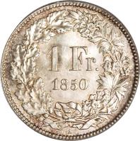 reverse of 1 Franc (1850 - 1857) coin with KM# 9 from Switzerland. Inscription: 1 Fr. 1850