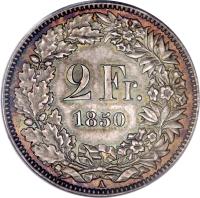 reverse of 2 Francs (1850 - 1857) coin with KM# 10 from Switzerland. Inscription: 2 Fr. 1850