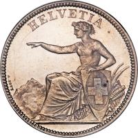 obverse of 5 Francs (1850 - 1884) coin with KM# 11 from Switzerland. Inscription: HELVETIA A.BOVY